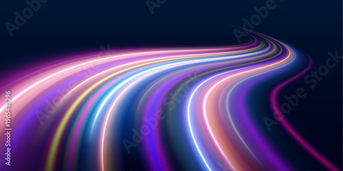Bright neon ribbons flow in dynamic curved patterns. Glowing particles twist, creating energetic futuristic motion. Perfect for digital, cyber, or sci-fi backgrounds.
