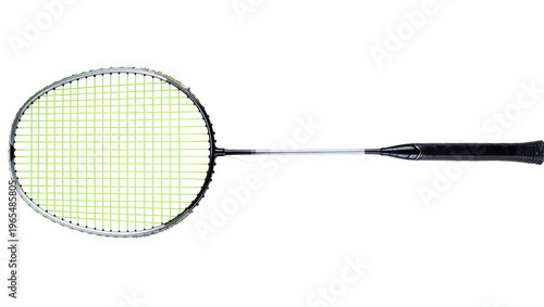 Konstfotografi Isolated professional badminton racket with vibrant neon green strings and black