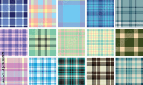 Decorative plaid pattern pack tailored for Christmas packaging. Coordinated tartan designs elevate gift boxes, tags, and bags. Seamless vector repetition aligns perfectly.