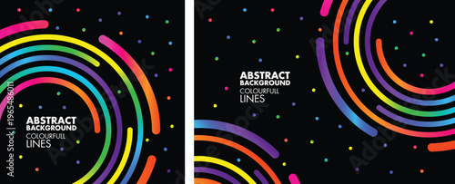 Abstract Colorful Gradient Lines Background with Neon Circular Shapes and Dots on Black