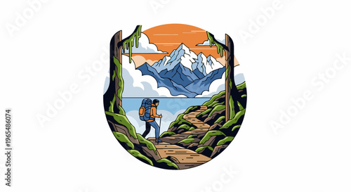 Hiker ascends mountain trail with backpack under dramatic skies