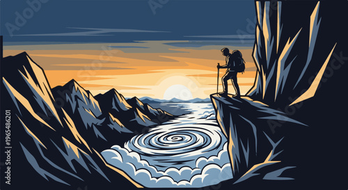 Hiker atop cliff watches sunset over swirling river and rugged mountains