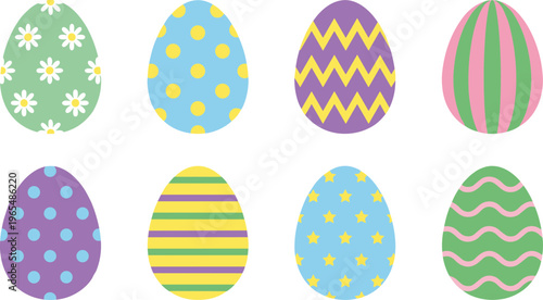 Colorful Easter Egg Icon Set with Floral Polka Dot Stripes Zigzag and Pattern Designs for Spring Holiday Decoration and Festive Graphic Elements