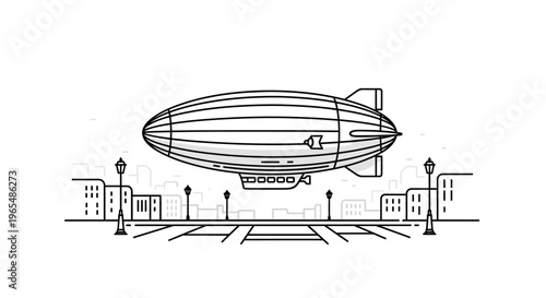Vintage Airship Blimp Flying Over Cityscape with Buildings and Streetlights