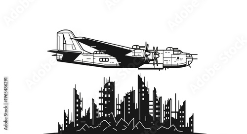 Vintage Bomber Aircraft Flying Over Destroyed Cityscape Silhouette