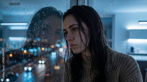 Sad woman looking through rainy window in dark room. Depressed girl feeling lonely during stormy evening. Mental health struggle, emotional pain and solitude concept at home at night