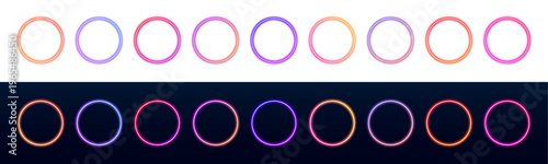 Set of iridescent neon rings with soft glowing halos. Circular frames shift colors and emit subtle luminous effects. Perfect for futuristic digital design sets and UI compositions.
