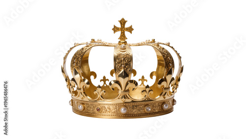 Photography Isolated ornate golden royal crown adorned with pearls, sparkling jewels, and a