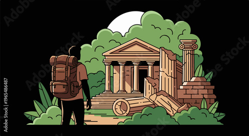 Hiker discovers ancient ruins amidst lush greenery under a bright sun