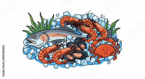 Fresh seafood assortment with fish, shrimp, mussels, and crab on ice