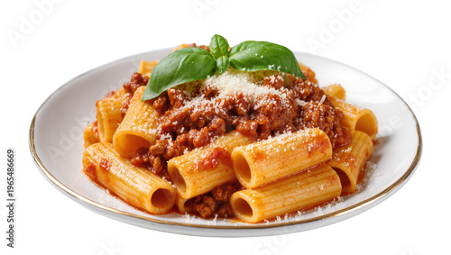 Fotografie Isolated delicious rigatoni pasta with rich bolognese sauce, grated cheese, and