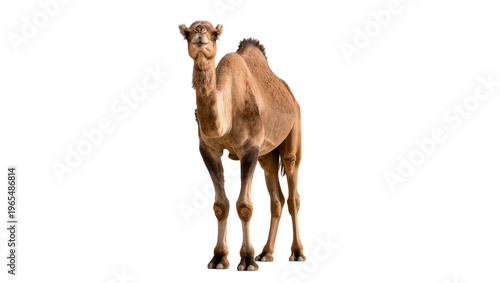 Cuadro en lienzo Isolated Dromedary camel standing full body and looking directly at camera with