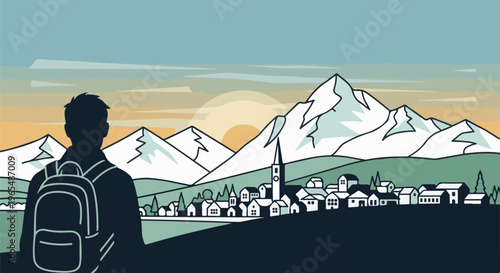 Hiker observes a village nestled among snowy mountains at sunrise