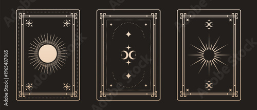 Golden tarot frames with fantasy mystical symbols set, Sun moon and stars spiritual signs ritual tarot cards, Astrology and esoteric symbols sacred signs.