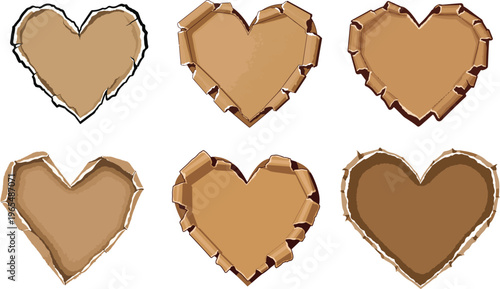 Torn cardboard heart shapes set, 6 brown paper heart frames with ripped edges, rustic recycled paper heart collection for craft and scrapbooking