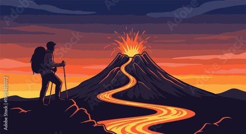 Hiker observes a volcanic eruption at sunset