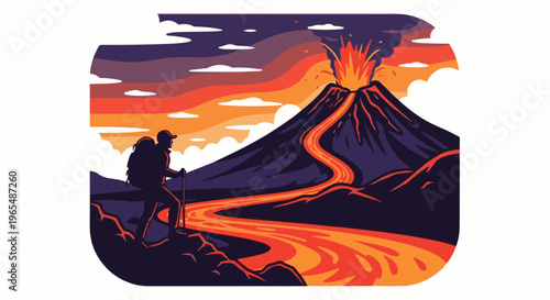 Hiker observes a volcanic eruption with lava flow under a vibrant sunset sky