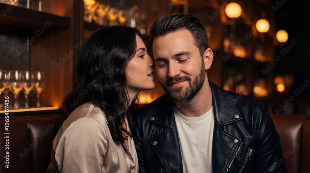 Fototapeta premium Woman whispering into ear of man in lounge bar. Romantic couple flirting on date night. Intimate candid moment, secret gossip or confession of love. Emotional connection in city nightlife
