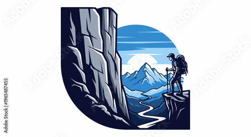 Hiker stands on cliff overlooking a vast mountain valley at sunrise