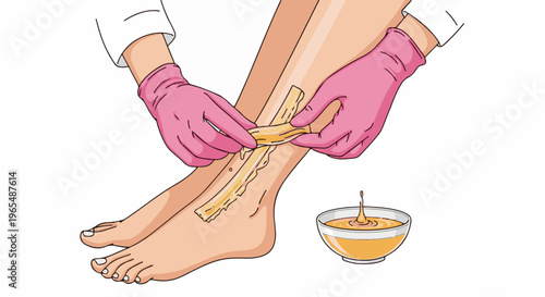 Hands in pink gloves applying wax strip to leg near bowl