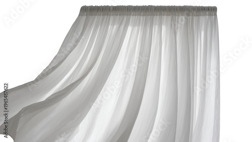 Photos Isolated flowing white sheer curtain fabric gently waving and draping with soft