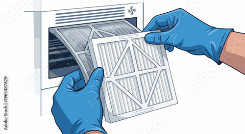 Hands in blue gloves replacing an air filter in an HVAC unit