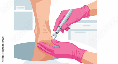Hands in pink gloves performing pedicure on foot with calluses