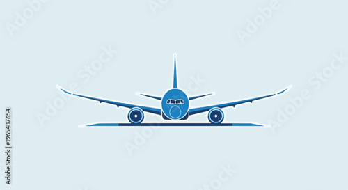 Front view of a blue jet airplane with white outline on a light blue background