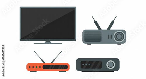 Collection of modern home entertainment devices including a flat screen tv and gaming consoles Vector
