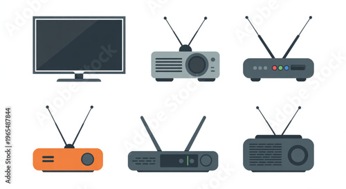 Collection of various television set-top boxes and a flat screen television Vector