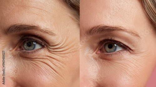 Woman's eye with wrinkles before and after anti-aging treatment
