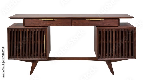 Isolated elegant mid-century modern wooden desk with drawers, brass hardware and slatted cabinet doors