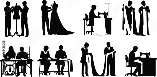 Tailor Silhouette Set featuring Fashion Designers, Sewing Machine Workers, Mannequin Fitting, Textile Industry Professionals, Dressmakers, CAD Drawing Flat Vector Illustration.