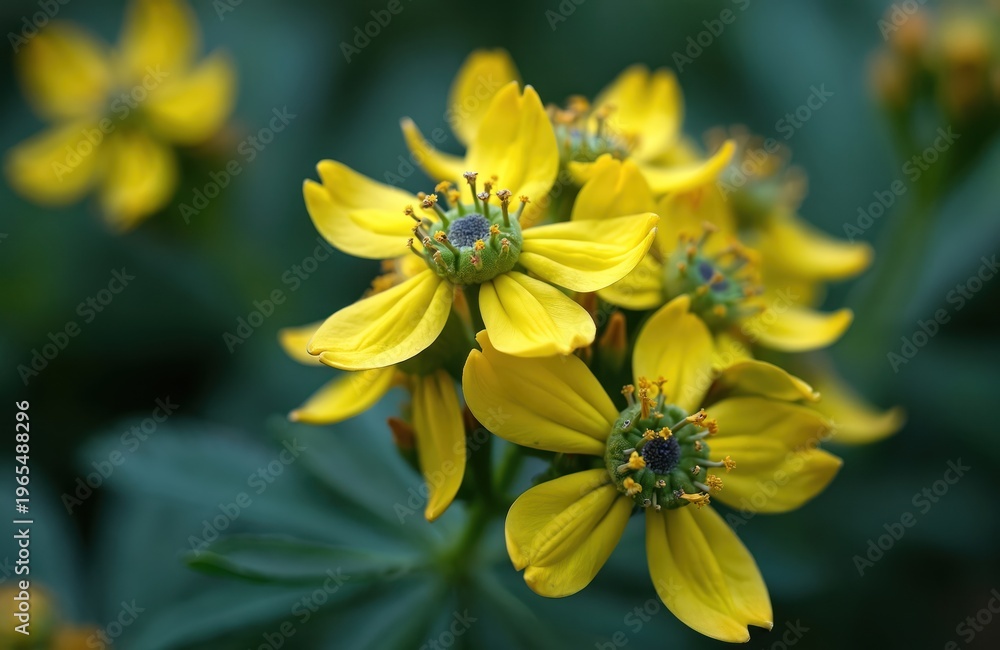 Obraz premium Macro photo of yellow common rue flowers with green centers. Herb has unique petals and seed capsules. Detailed view of botanical plant with dark blurred background. Medicinal herb in natural setting.
