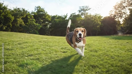 Happy Beagle Dog Running on Green Grass Field | Energetic Beagle with Tail Up in Sunny Park | Joyful Dog Running Towards Camera