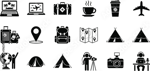 Travel and tourism icons set, vacation trip elements, camping equipment, photography gear, digital nomad lifestyle, cad drawing flat vector illustration, flavector