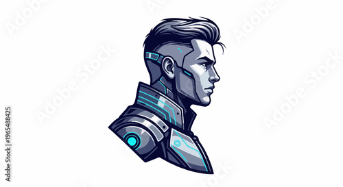 Futuristic android head in profile with glowing cyan accents