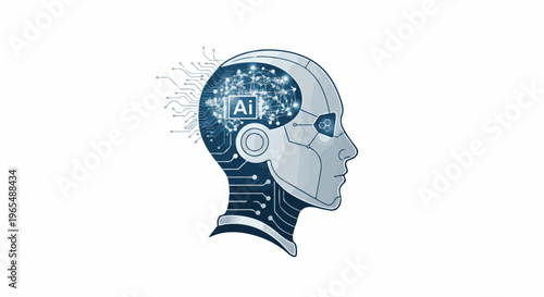 Futuristic AI robot head with glowing circuits and neural network