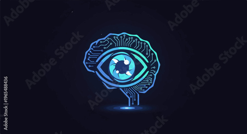 Futuristic brain outline with a digital eye and circuits