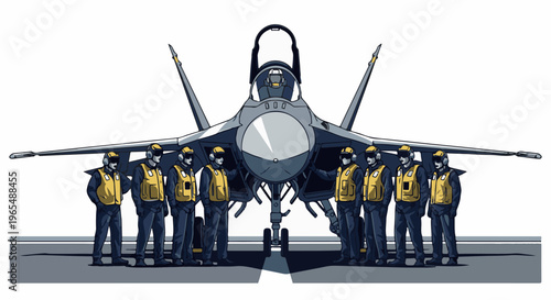 Flight crew stands ready beside a jet fighter on a tarmac