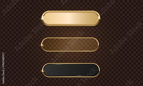 Gold button frame and glass 3d badge, Rectangular with rounded corners golden button icon on dark background, Premium signboard for web UI design.