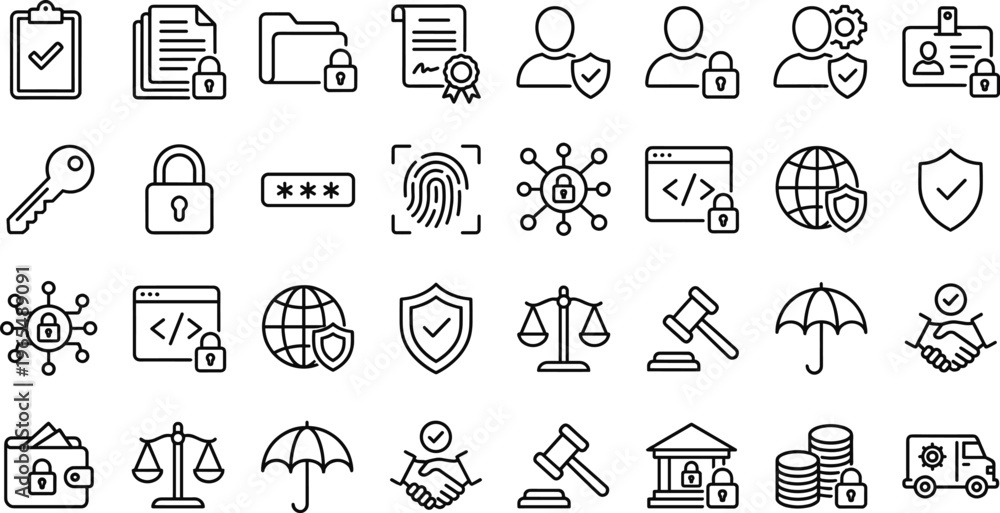 © tofajjol studio - Cyber Security and Data Protection Line Icon Set with Privacy Encryption Firewall Authentication Legal Compliance and Secure Network Symbols