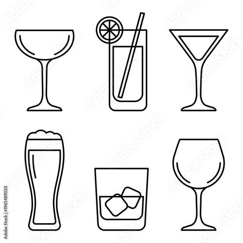 assorted glassware and beverage outline icon set