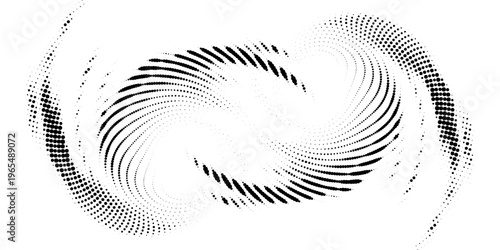 Modern abstract background. Halftone dots in circle form. Spiral logo, icon or design element. Black dots on a white background and white dots on the black side. modern