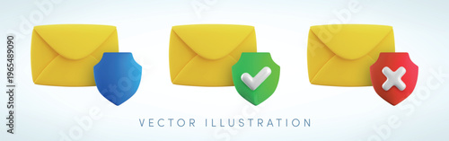 Vector cartoon 3d secure email icon set. 3d render closed yellow envelope with blue, green, red shield. Electronic mail protection, cyber security, verified mail, protected message concept, anti spam.