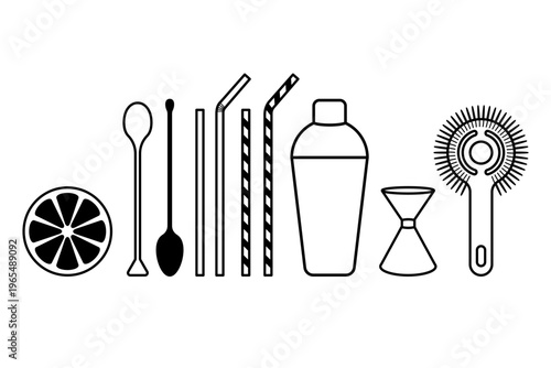 cocktail preparation and accessories outline icon set