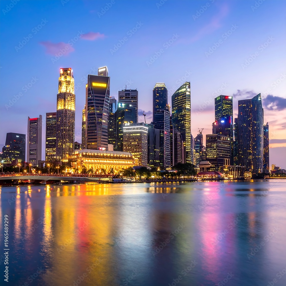 Fototapeta premium A blurred city skyline at dusk with colorful lights reflecting on water
