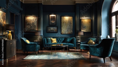 Opulent living room, teal velvet furniture, dark walls, art, lamps, and a rug