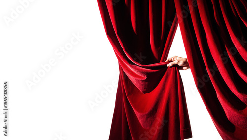 Fotografía Isolated red velvet theater curtain with a hand pulling it back for a grand reve