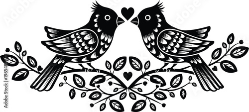 WebLovebirds on branch silhouette illustration with hearts and floral leaves for wedding invitation Valentines day and romantic folk art projects,